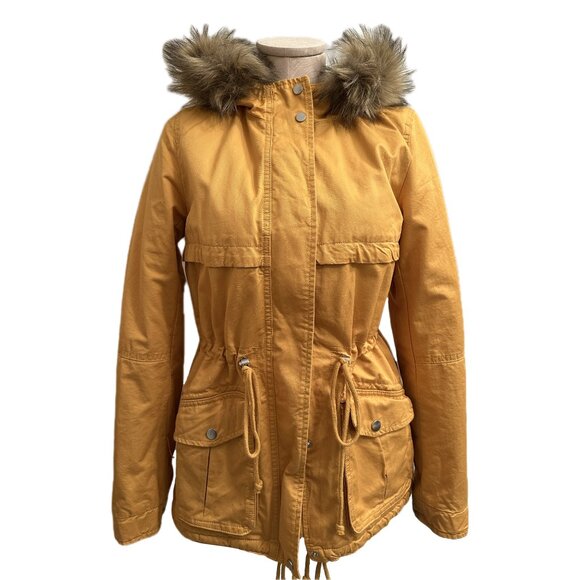Yellow Parka Jacket Womans Size 4 Teddy Bear Lined Drawstring Full Zip - Picture 1 of 10